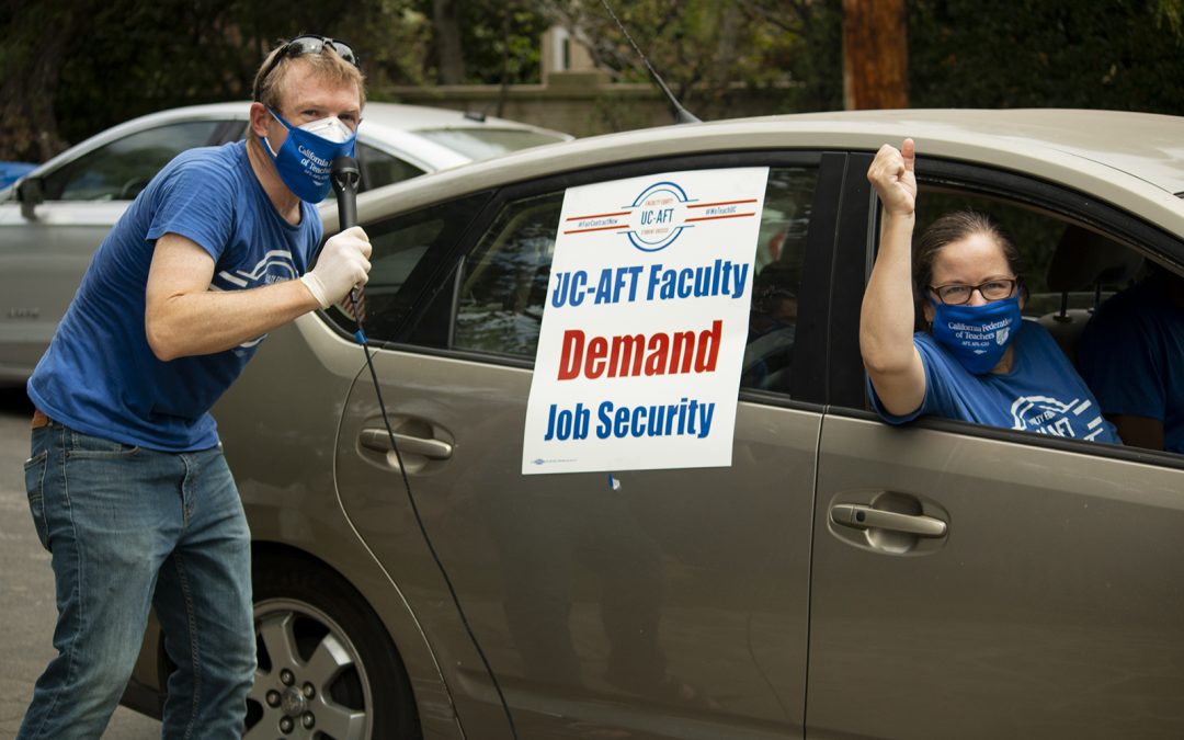 UC-AFT Local 1990 holds protest demanding greater job security outside regent’s home