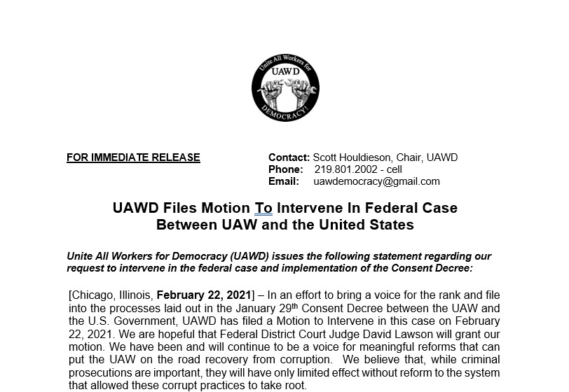UAWD Files Motion To Intervene In Federal Case Between UAW and the United States